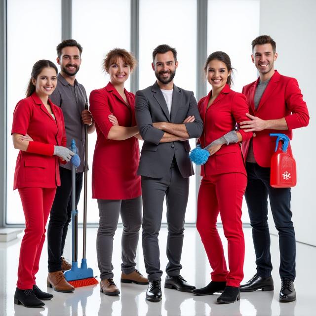 Il team di Dante's Dustbusters in uniforme sorride e si prepara a pulire